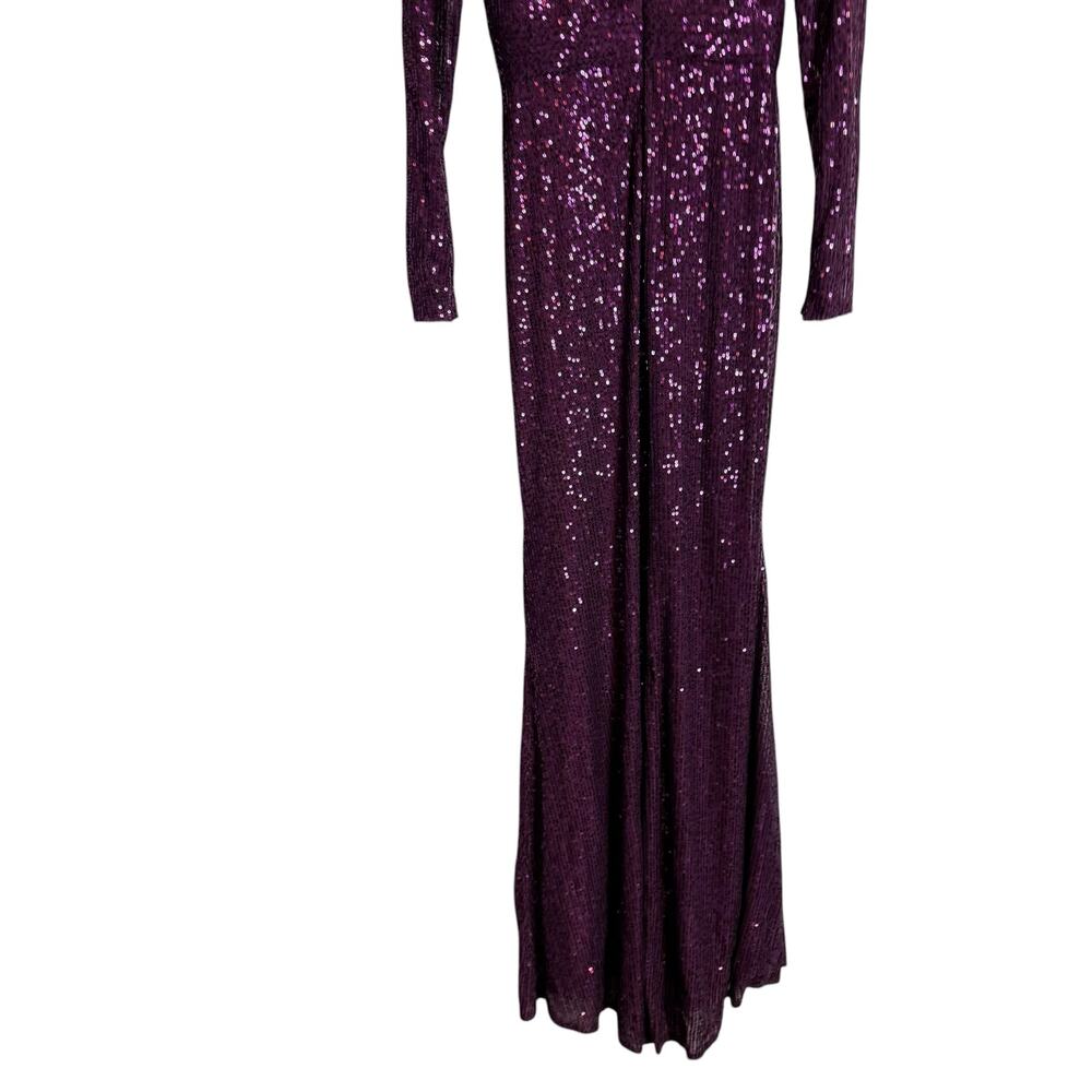 Mac Duggal Purple Sequined Long Sleeve V-Neck Slit Formal Prom Gown Size 2 - Picture 8 of 9